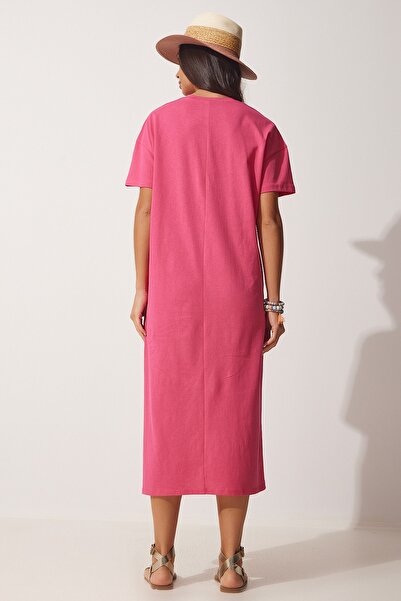 Happiness İstanbul Női rózsaszín pamut nyári napi fésült pamut ruha UB00080