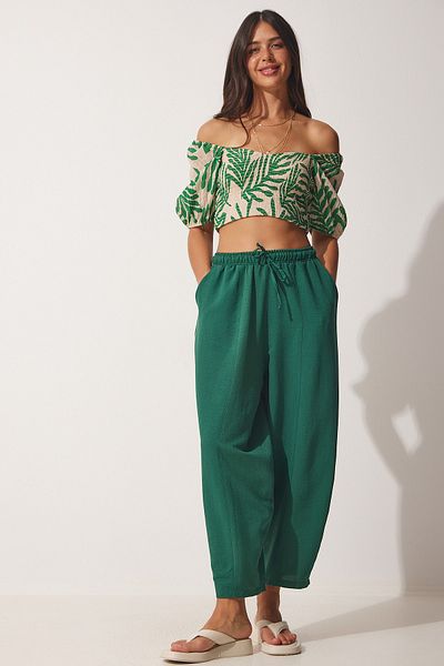 Happiness İstanbul Smaragdgrüne Shalwar-Hose aus Leinenviskose mit Taschen CV00001 für Damen
