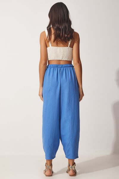 Happiness İstanbul Dámske modré vreckové ľanové viskózové nohavice Shalwar CV00001