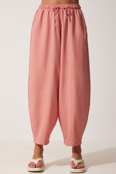 Happiness İstanbul Women's Dark Powder Pocketed Linen Viscose Shalwar Trousers CV00001