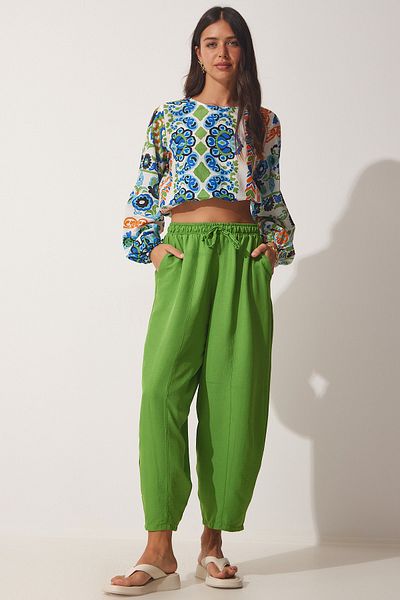 Happiness İstanbul Pantaloni Shalwar din viscoză de in, verde vibrant, cu buzunar CV00001