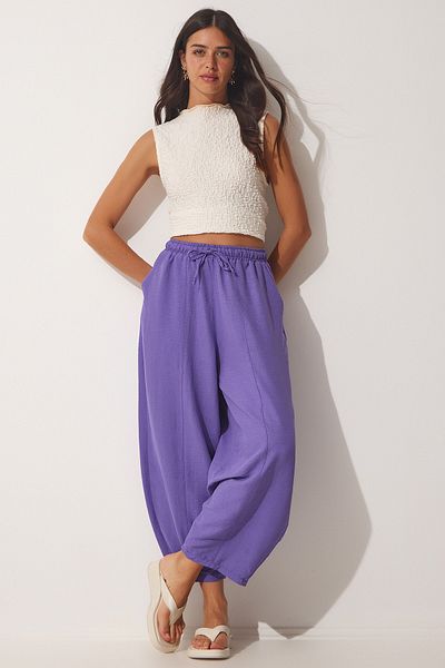 Happiness İstanbul Lilafarbene Shalwar-Hose aus Leinenviskose mit Taschen für Damen CV00001