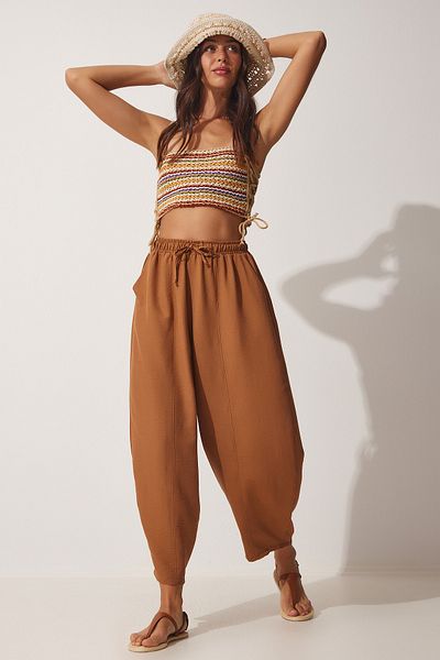 Happiness İstanbul Damen-Shalwar-Hose aus Leinen-Viskose mit Taschen in Kamelfarben CV00001