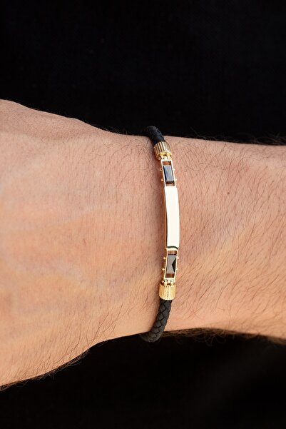 Cenova Jewelry 14 Ayar Altın Siyah Örme Deri Görünümlü Kauçuk Erkek Bileklik