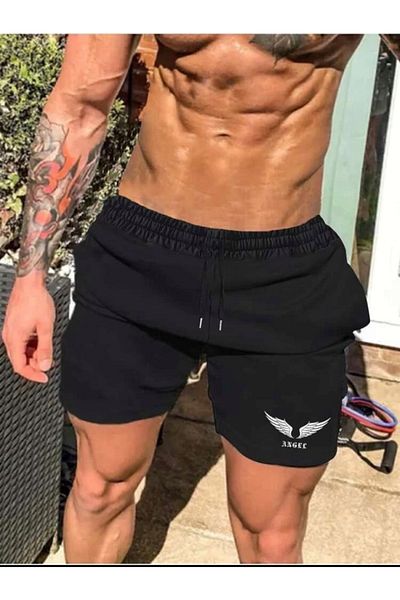 SELENA BUTİK Ανδρικό γυναικείο Unisex Μαύρο σορτς με στάμπα αγγέλου