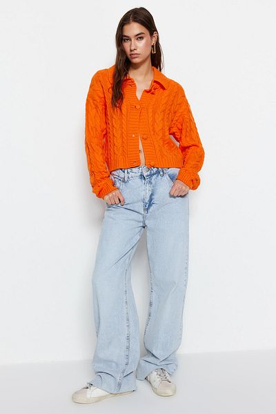 Trendyol Collection Polo Neck Orange Knitwear Crop Cardigan - Twoaw22Hi0448