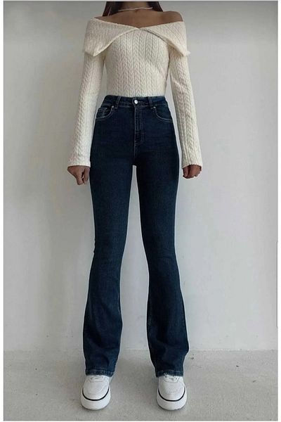Geppetto Women's Navy Blue Super High Waist Lycra Flare Spanish Denim Trousers Jeans