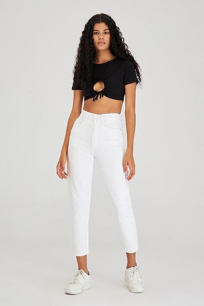 Geppetto Blugi Mom Fit Coral cu talie înaltă - 100% denim Koton, culoare albă