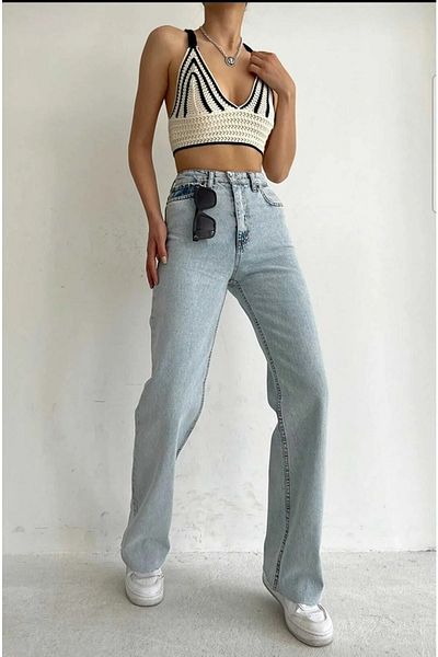 Geppetto Blugi de damă albastru deschis pentru spălarea zăpezii, talie înaltă, picior largi, din denim, Jean Comfort Lycra