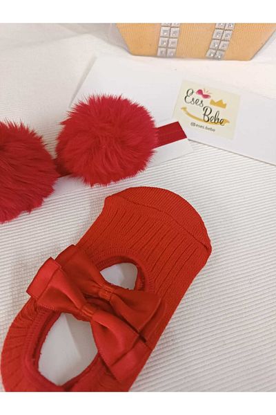 ESES BEBE Red Pompom Bandana Baby Ballerina Socks Set