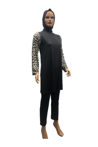 eflin Women's Hijab Clothing Hijab Swimsuit Leopard Patterned Black-cream