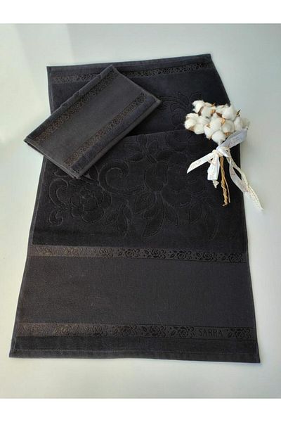 mihriban Set of 2 Cross Stitch Etamine Embroidered Velvet Towels Mother and Daughter