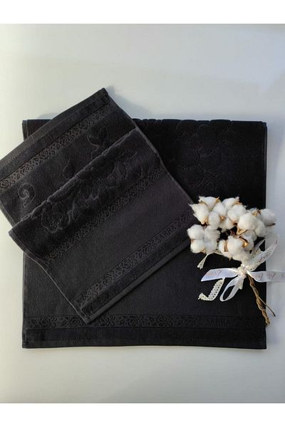 mihriban Set of 2 Cross Stitch Etamine Embroidered Velvet Towels Mother and Daughter