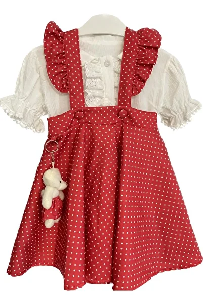Kalite Durağı Girl's Salopette Dress with Dotted Teddy Bear 1y, 2y, 3y, 4y