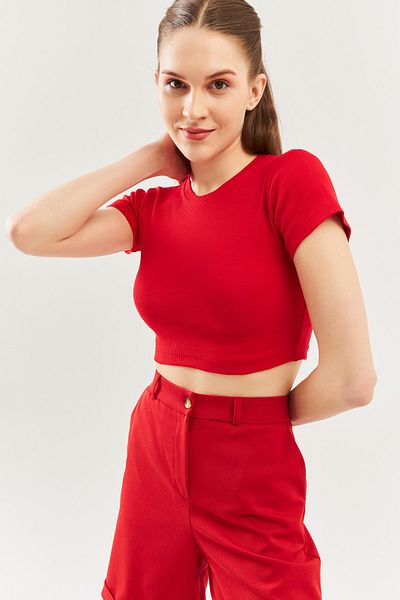 Butikgiz Red Short Sleeve Crew Neck Fitted 100% Cotton Camisole Stretchy Crop Blouse