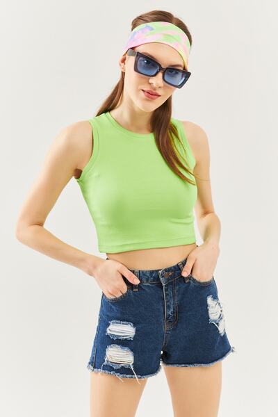 Butikgiz Μπλούζα Flexible Crop με 100% βαμβακερό λαιμό φιστίκι Green Crew