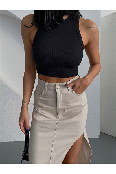 LB Laluna Butik Fustă de damă, cu talie înaltă, cu tăietură laterală, lungime midi