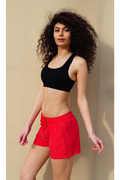 Miami Beach Kadın Kırmızı Düz Renk Iki Yan Fermuarlı Mini Boy Mayo Deniz Şortu
