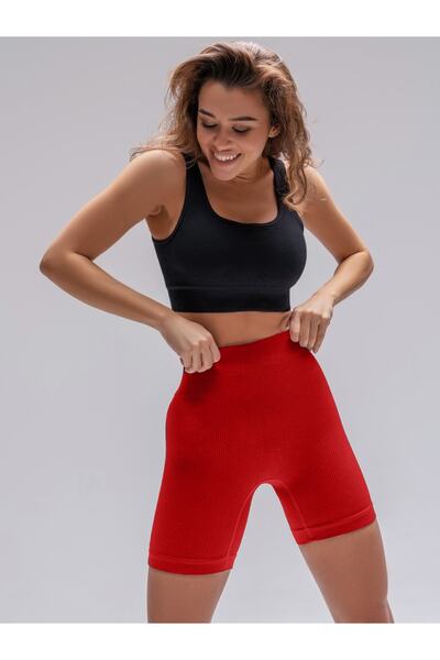 MİSTİRİK Dublin Model Yüksek Bel Fitilli Seamless Biker Şort Kırmızı Renk027