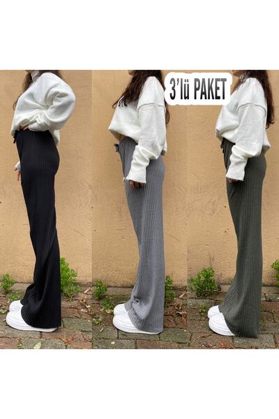 Betimoda Pachet de 3 pantaloni de pijama pentru femei din velur cu dungi din bumbac pieptănat, negru, afumat, verde armat