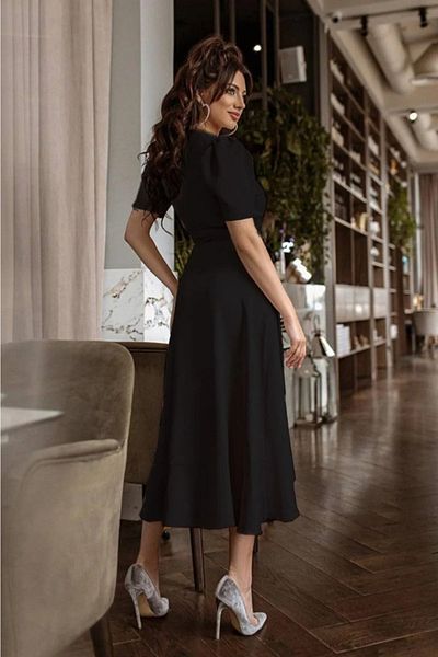 Trendusfashion Rochie Midi Crepe - Decolteu Dublu Si Curea, 120 Cm