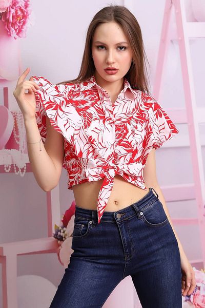 JİJJİ Women's Shoulder Detailed Tied Crop Shirt
