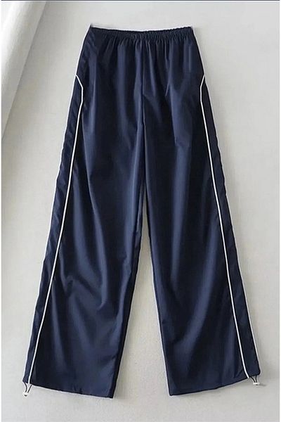 Gofeel Harajuku Navy Blue Elastic Waist Striped Parachute Baggy Unisex Pants