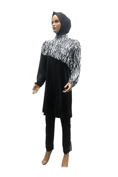 eflin Women's Clothing Large Size Zebra Pattern Full Covered Hijab Swimsuit Black Bonnet Included