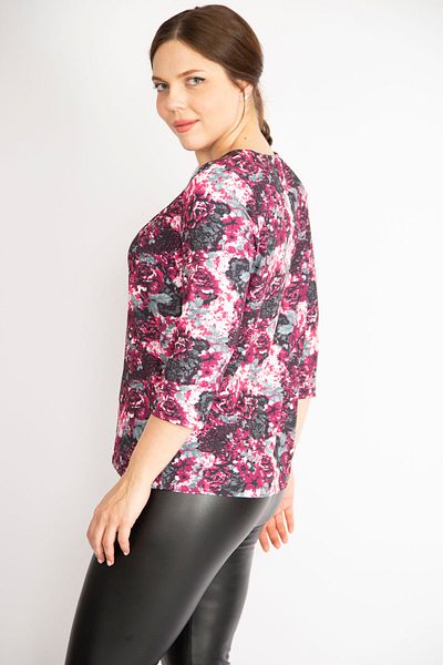 Şans Women's Colorful Plus Size Collar Gathered Capri Sleeve Blouse 65n36329