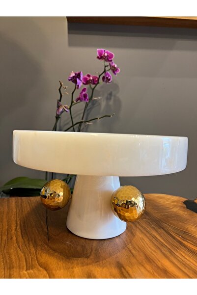 MIARIK DESIGN & DEKORASYON Mermer Ayakli Gold Top Detayli Sunumluk Servis Tabagi