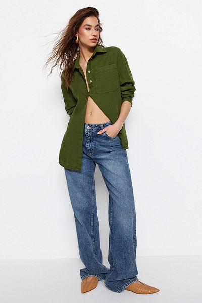 Trendyol Collection Khaki 100% vászon túlméretezett ing TWOSS23GO00443