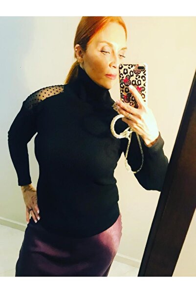 SED4NINBUTİK Kadın Siyah Omuz Tül Detaylı Balıkçı Yaka Triko