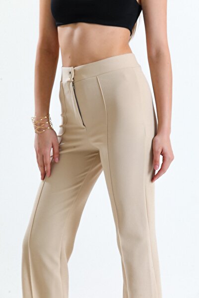 MOONBULL Ultra High Waist Lycra Pallazo Trousers Beige