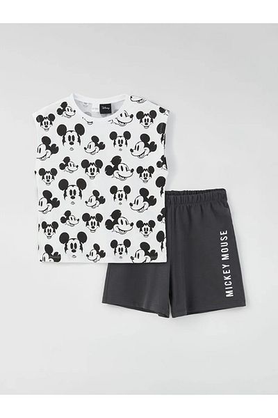 LC Waikiki Pyjama-Set mit Rundhalsausschnitt und Shorts für Mädchen mit Mickey Mouse-Aufdruck