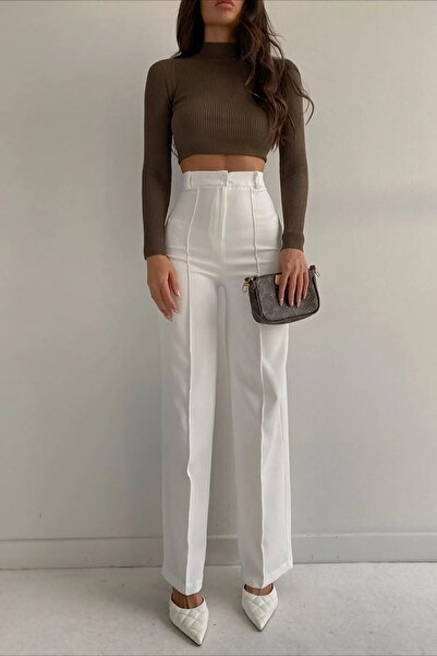 modazoom Жіночі білі брюки-палаццо з високою талією та вишивкою