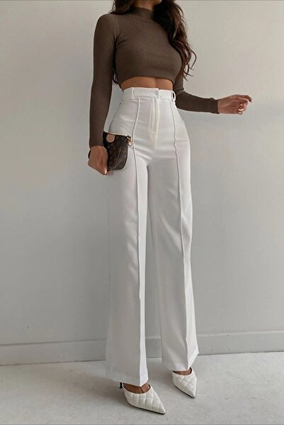 modazoom Жіночі білі брюки-палаццо з високою талією та вишивкою