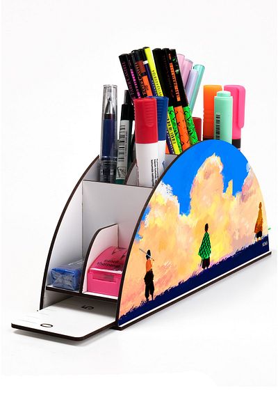 kutuTR Wooden Vip Anime Series Rainbow Ruled Desktop Pen Holder Organizer Assembled Boxed