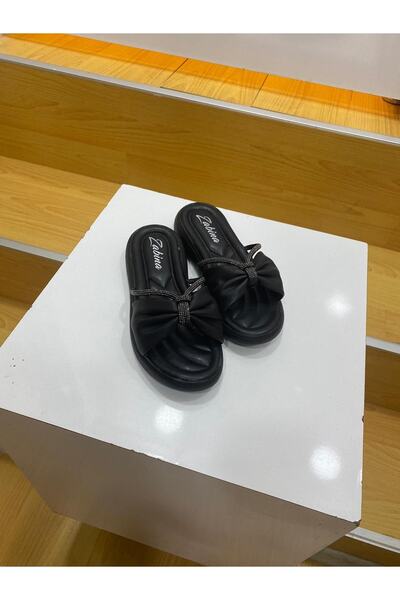 NUR TEKSTİL Kadın Siyah Büzgülü Taş Şeritli Içi Petli Şık Terlik