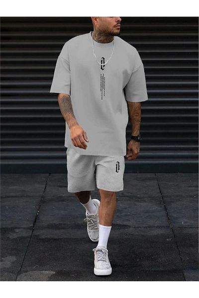 ORLONTEX Σετ T-Shirt για ανδρικό γκρι κάθετο εμπριμέ σορτς