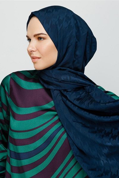 Mooncorn Μπλε Navy Houndstooth Pattern Μεταξένιο Σάλι Ζακάρ
