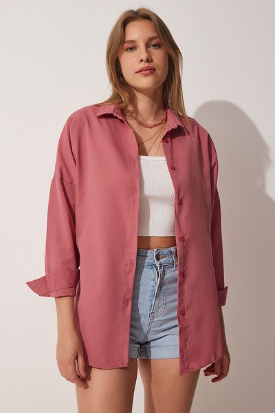 Happiness İstanbul Női sötét rózsa szárított Oversize hosszú alap ing DD00842