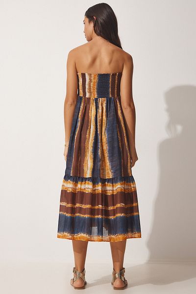Happiness İstanbul Women's Brown Batik Patterned Strapless Skirt Dress WF00030