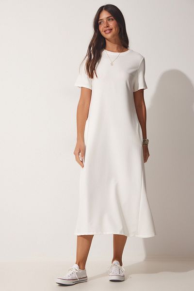 Happiness İstanbul Ecrufarbenes A-Linien-Sommerkleid aus gekämmter Baumwolle für Damen UB00060