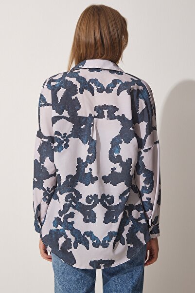 Happiness İstanbul Dámská oversize popelínová košile tmavě modré barvy s kamenným vzorem DD01227