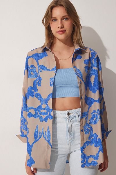 Happiness İstanbul Cămașă oversize din popelin cu model albastru bej DD01227