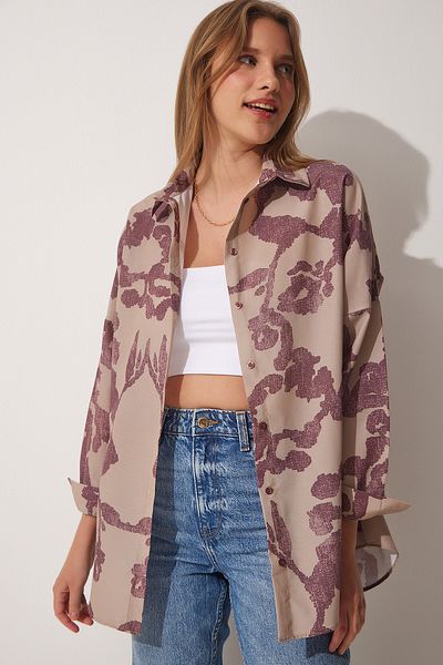 Happiness İstanbul Damen Oversize Popeline Hemd in Pflaumenbeige mit Muster DD01227