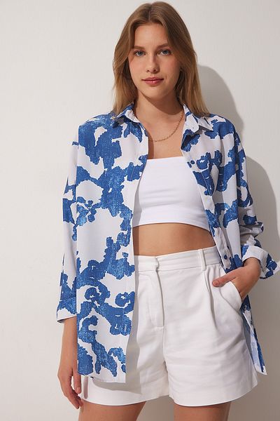 Happiness İstanbul Női kék kő mintás oversize poplin ing DD01227