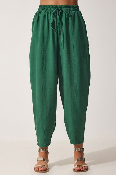 Happiness İstanbul Women's Dark Green Linen Shalwar Trousers DZ00081