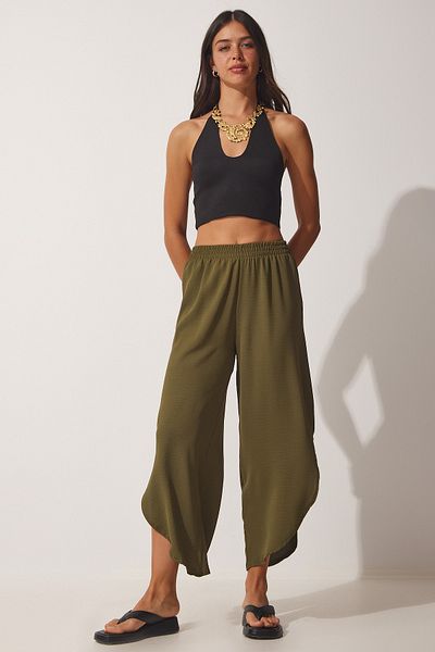 Happiness İstanbul Dámské khaki kalhoty Ayrobin Shalwar s bočním rozparkem DE00001