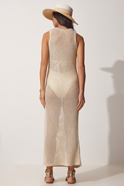 Happiness İstanbul Dámské třpytivé prolamované pletené šaty s krémovým páskem US00908